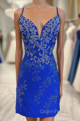 Royal Blue Beaded Plunge V Lace-Up Short Homecoming Dresses