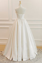 Thin Straps Open Back Ivory Satin Long Evening Prom Dresses with Pearls, Long Ivory Formal Graduation Evening Dresses