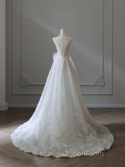 Timeless A Line V Neckline Sequin Sleeveless White Wedding Dresses Brides Dresses