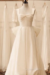 Timeless High Low Square Neckline Long White Satin Wedding Dresses