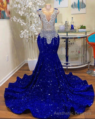 Trendy Prom Dresses Long Sequin,Royal Blue Designer Evening Gowns with Crystals Diamond