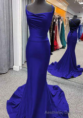 Trumpet/Mermaid Cowl Neck Spaghetti Straps Sweep Train Jersey Prom Dresses With Pleated