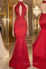 Trumpet/Mermaid Halter Sweep Train Charmeuse Evening Prom Dresses With Appliques Lace