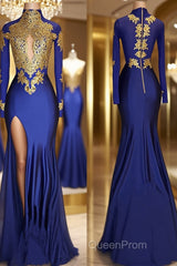 Trumpet/Mermaid High Neck Sweep Train Jersey Evening Prom Dresses With Leg Slit