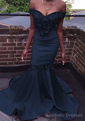 Trumpet/Mermaid Off-the-Shoulder Court Train Satin Prom Dresses With Beading Flowers