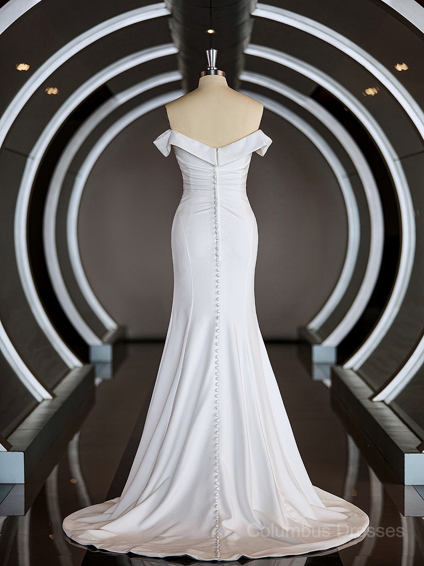 Wedding Dresses Country, Trumpet/Mermaid Off-the-Shoulder Court Train Stretch Crepe Wedding Dresses with Pleated