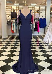Trumpet/Mermaid Scalloped Neck Sleeveless Sweep Train Elastic Satin Prom Dresses With Appliqued