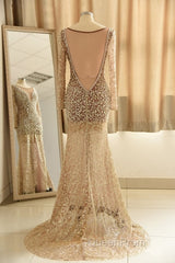 Trumpet Mermaid Scoop Champagne Tulle Beading Luxury Evening Prom Dresses