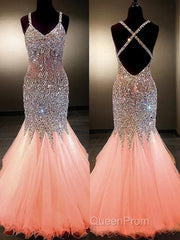 Trumpet/Mermaid V-neck Floor-Length Tulle Evening Prom Dresses With Rhinestone
