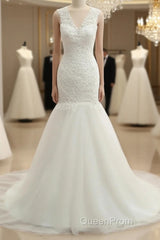 Trumpet/Mermaid V-Neck Sleeveless Applique With Sequin Tulle Court Train Wedding Dresses