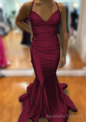 Trumpet/Mermaid V Neck Sleeveless Sweep Train Jersey Prom Dresses With Pleated