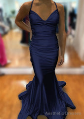 Trumpet/Mermaid V Neck Sleeveless Sweep Train Jersey Prom Dresses With Pleated