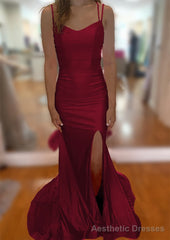 Trumpet/Mermaid V Neck Sleeveless Sweep Train Jersey Prom Dresses With Split Pleated