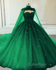 Tulle Ball Gown Emerald Green Quinceanera Dresses Crystals With Cape Free