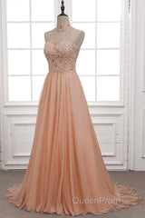 Tulle & Chiffon High Neck Evening Dresses With Beading
