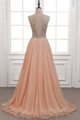 Tulle & Chiffon High Neck Evening Dresses With Beading