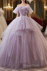 Tulle Floral Ball Gown Princess Lavender Evening Prom Dresses