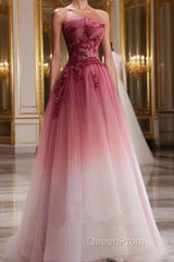 Tulle Gradient with Beaded Long Party Dresses, A-line Gradient Evening Prom Dresses