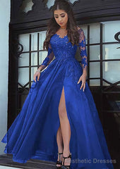 Tulle Long/Floor-Length A-Line/Princess Full/Long Sleeve Sweetheart Zipper Prom Dresses With Appliqued
