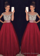Tulle Long/Floor-Length A-Line/Princess Sleeveless Bateau Zipper Prom Dresses With Beaded