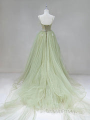 Tulle Long Evening Prom Dresses A-Line Green Long Evening Dresses