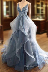 Tulle Long Evening Prom Dresses With Spaghetti Straps And Ruffled Floor Length Skirt
