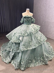 Tulle Off the Shoulder 3D Appliques Tiers Prom Dress