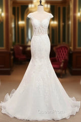 Tulle & Organza Bateau Mermaid Wedding Dresses With Lace Appliques & Belt