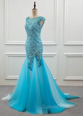 Tulle Scoop Mermaid Evening Dresses With Beaded Lace Appliques