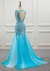 Tulle Scoop Mermaid Evening Dresses With Beaded Lace Appliques