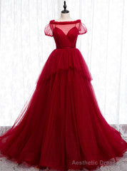 Tulle Short Sleeve Pleats Backless Burgundy Prom Dress