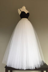 Tulle Two Pieces Simple White/Black Long Wedding Dresses
