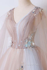 Tulle V Neck Appliques Champagne Long Sleeves Flower Evening Prom Dresses