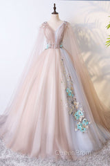 Tulle V Neck Appliques Champagne Long Sleeves Flower Evening Prom Dresses