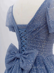 Tulle V Neck Short Sleeve Blue Sparkle Evening Prom Dresses With Bow