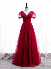 Tulle V-neck Short Sleeve Pleats Beading Sequins Prom Dress