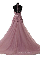 Tulle Wisteria Evening Prom Dresses A-Line/Princess Scoop Neck Court Train With Appliqued