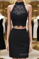 Two Piece Black Homecoming Dresses Lace Crop Top
