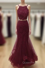Two Pieces Halter Neck Mermaid Tulle Maroon Evening Prom with Beadings, Maroon Formal, Evening