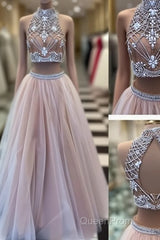 Two Pieces High-Neck Beaded Tulle Long Champagne Evening Prom Dresses, Evening Dresses