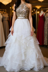 Two Pieces Lace White Tulle Long Evening Prom Dresses, White Two Pieces Formal Dresses, Evening Dresses, Ball Gown