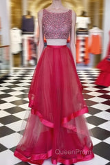 Two Pieces Sequin Round Neck Tulle Long Red Evening Prom Dresses, Red Evening Dresses