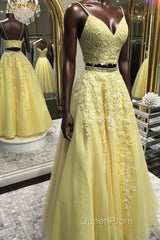 Two Pieces V Neck Yellow Lace Long Evening Prom Dresses, 2 Pieces Yellow Formal Dresses, Yellow Lace Evening Dresses