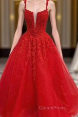 Red Tulle Lace A Line Formal Evening Dresses Appliques Long Evening Prom Dresses
