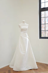 Unique A Line Strapless Satin White Wedding Dresses Brides Dresses