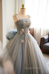 Unique And Beautiful Gray Sticker Sleeveless Off The Shoulder Ball Dresses, Gray A-Line Princess Sheer Thin Shoulder Strap, Backless Tie Bow And Ground Length Evening Prom Dresses