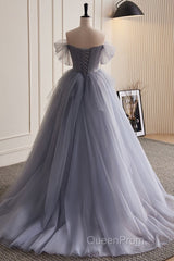 Unique And Beautiful Silver Gray Beaded Pearl Sequins Off The Shoulder Sleeveless Decal Pleated Ball Dresses Silver Gray A-Shaped Thin Gauze Pong Truffle Back Strap And Ground Length Evening Prom Dresses