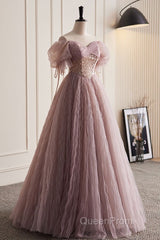Unique And Elegant Dark Pink Sequin Off The Shoulder Short Sleeved Ball Dresses Dark Pink A-Line Princess Glitter Beaded Backless And Ground Length Evening Prom Dresses
