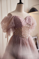 Unique And Elegant Dark Pink Sequin Off The Shoulder Short Sleeved Ball Dresses Dark Pink A-Line Princess Glitter Beaded Backless And Ground Length Evening Prom Dresses