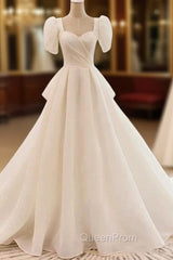 Unique Ball Gown Sweetheart Short Sleeves Long White Wedding Dresses